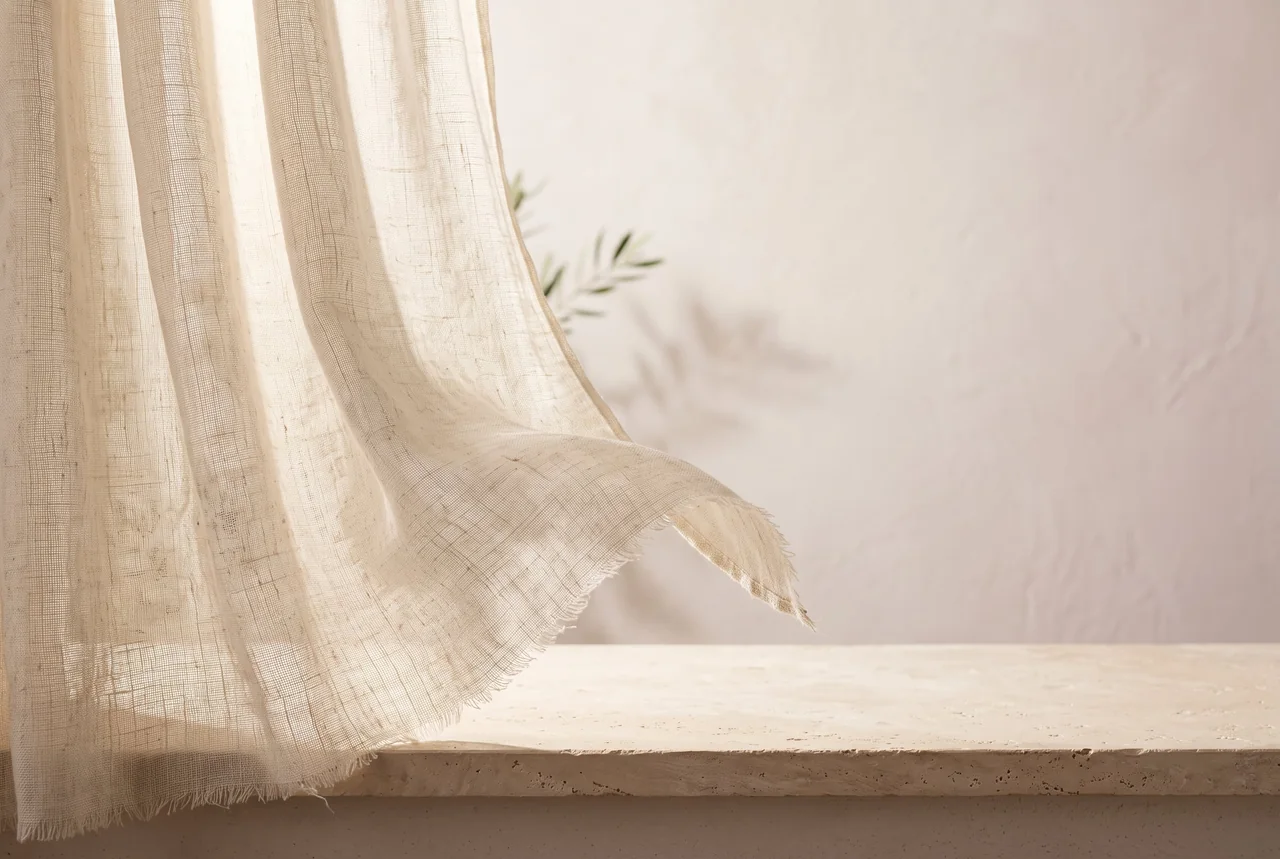 Voile de lin soulevé par l’air dans une lumière douce. Illustration.